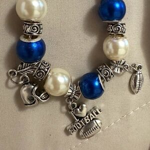 925 Sterling Silver Chain w/White & Blue Beads & Football Fan Charms. Handmade.